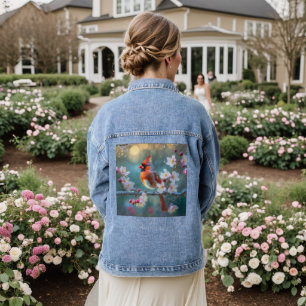 Mannetjes kardinaal in het maanlicht Kersenbloesem Denim Jacket