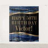 Mans Birthday Party Backdrop Blue Gold Agate Wandkleed (Voorkant)