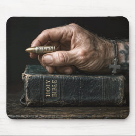 Man's Hand on a Bible Holding a Bullet Muismat