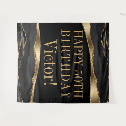 Mans verjaardagsfeest achtergrond zwart goud agaat wandkleed (Voorkant (horizontaal))
