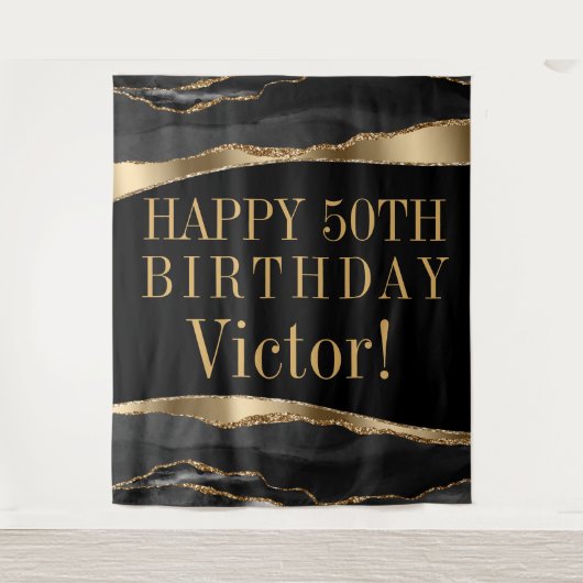 Mans verjaardagsfeest achtergrond zwart goud agaat wandkleed (Voorkant)