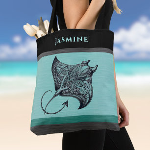 Manta Ray op Teal Nepmetaal Monogram Draagtas