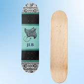 Manta Ray Teal Black White Polynesian w Initial Skateboard