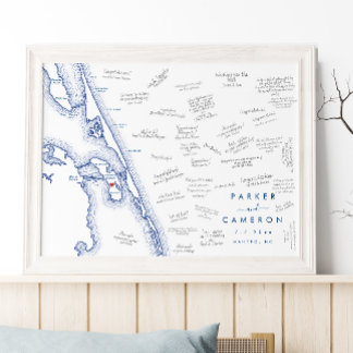 Manteo NC Trouwkaart Marineblauw Gastboek Poster