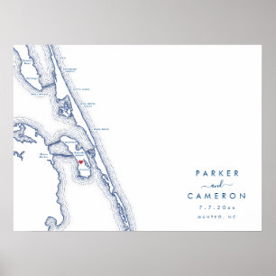 Manteo NC Trouwkaart Navy Blue Guest Book Poster
