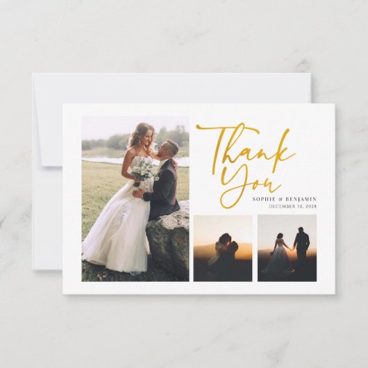 Manuscript 4 Foto's Gold Hand-Lettered Wedding Bedankkaart (Voorkant)