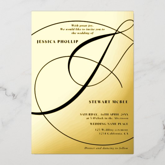 Manuscript ampersand black calligraphy bruiloft folie uitnodiging (Voorkant)