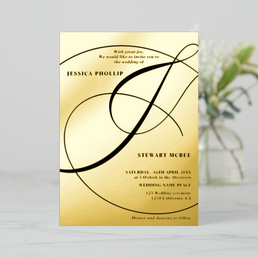 Manuscript ampersand black calligraphy bruiloft folie uitnodiging (Staand Voorkant)