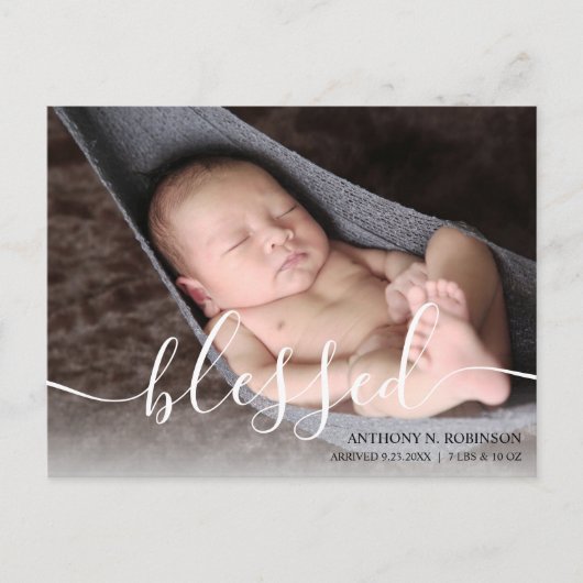 Manuscript Blessed Baby Foto Geboorteaankondiging Briefkaart (Voorkant)