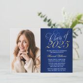 Manuscript Blue Gold Photo Afstuderen kondiging Kaart (Staand voorkant)
