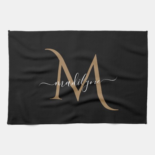 Manuscript Elegant Black en Gold Monogram Theedoek (Horizontaal)