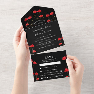 Manuscript Elegant Wedding Red Poppies Waterverf All In One Uitnodiging