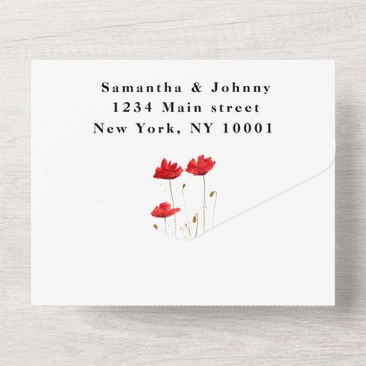 Manuscript Elegant Wedding Red Poppies Waterverf All In One Uitnodiging (Achterkant)