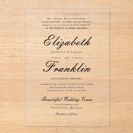 Manuscript Formal Black en White Wedding Acryl Uitnodigingen (Voorkant)