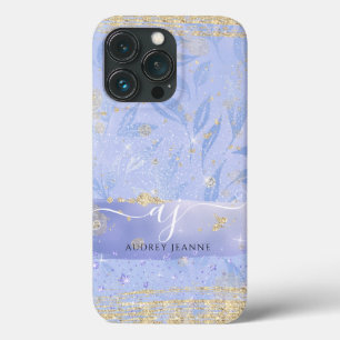 Manuscript Girly Gold Glitter Blue Jewel Foliage iPhone 13 Pro Hoesje