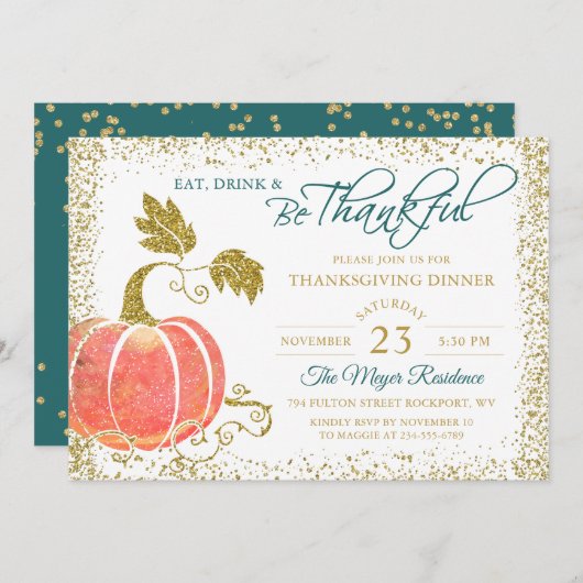 Manuscript Gold Pumpkin Thanksgiving Innodiging Bedankkaart (Voorkant / Achterkant)