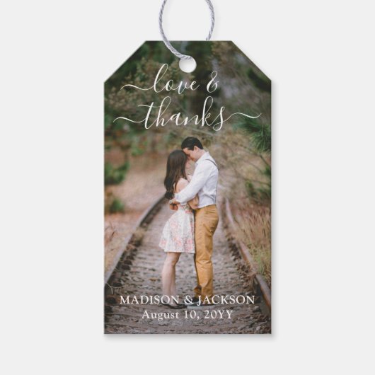 Manuscript Love and Bedankt 2 Foto Weddenschap Bed Cadeaulabel (Voorkant)