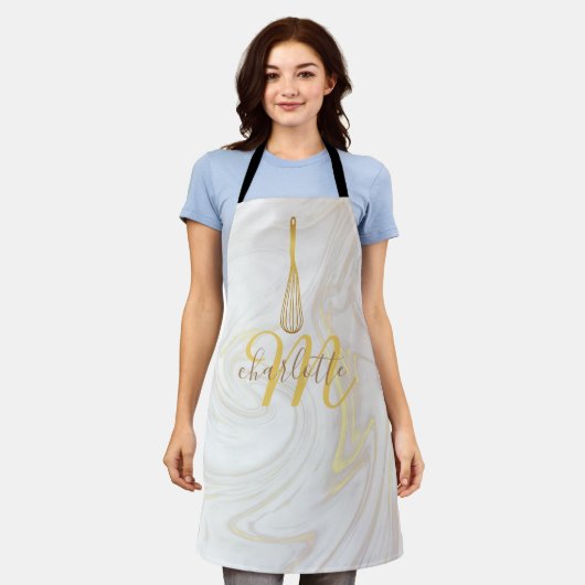 Manuscript Monogram Gold Whisk Marble Swirls Schort (Gedragen)