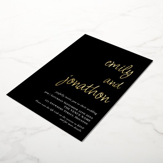 Manuscript Names QR Code Weddenschap Black Luxury Folie Uitnodiging (Gedraaid)