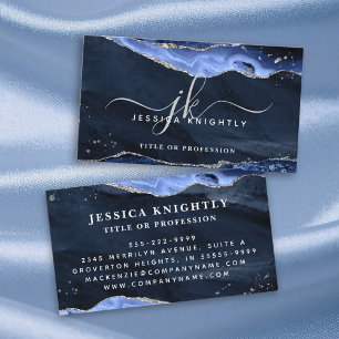 Manuscript Navy Blue Agate Geode Monogram Silver Visitekaartje