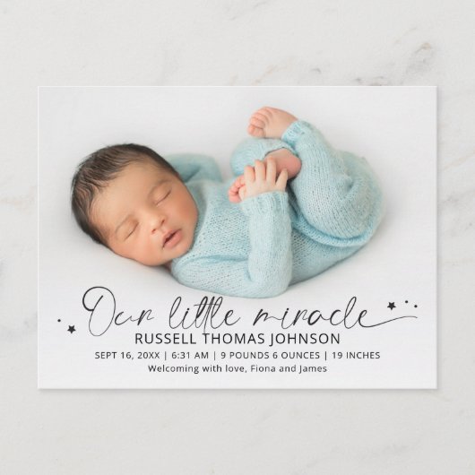 Manuscript Ons kleine wonder 2 Foto's geboorte Aankondigingskaart (Voorkant)