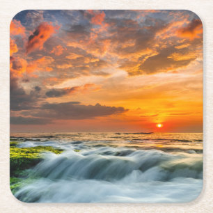 Manyar Beach op zonsopgang Vierkante Kartonnen Onderzetter