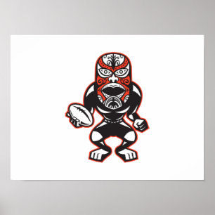 Maori Mask Rugby Player die loopt met het buikuite Poster