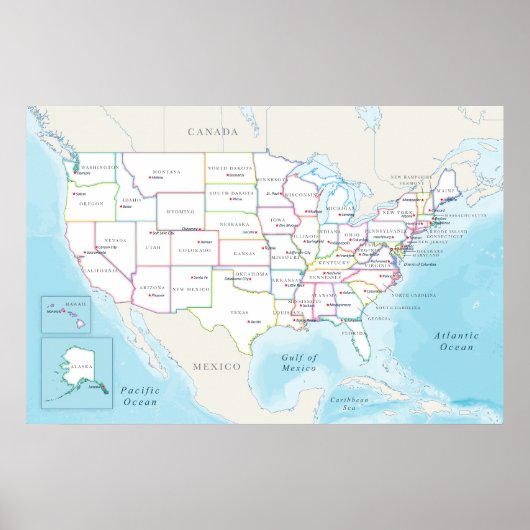 Map of the United States with State Capitals Poster (Voorkant)