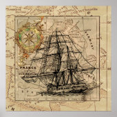 Map Retro Sailing Ship Design Poster (Voorkant)