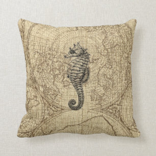 Map Sealife Black Seahorse Illustration Coastal Kussen