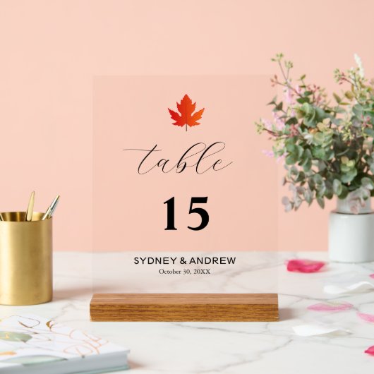 Maple Leaf Modern Elegant Script Trouwtafel No. Acryl Bord (Huwelijk)