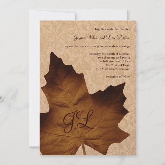 Maple Leaf Monogrammed Wedding Invitation Kaart (Voorkant)
