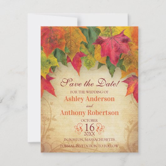 Maple Leaves Bruiloft Bewaar de Datum Herfst Herfs Save The Date (Voorkant)