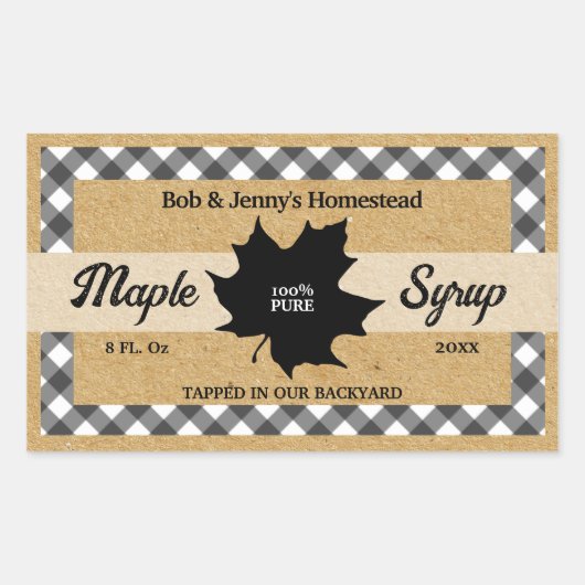 Maple stroop zwart buffel check blad kraft papier rechthoekige sticker (Voorkant)
