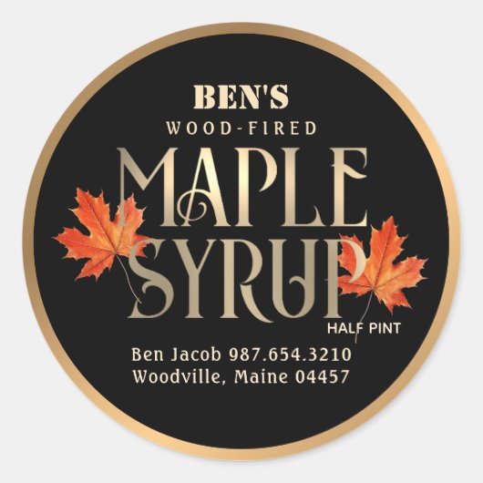 Maple Syrup Label Zwart en Goud met Oranje Leaf (Voorkant)