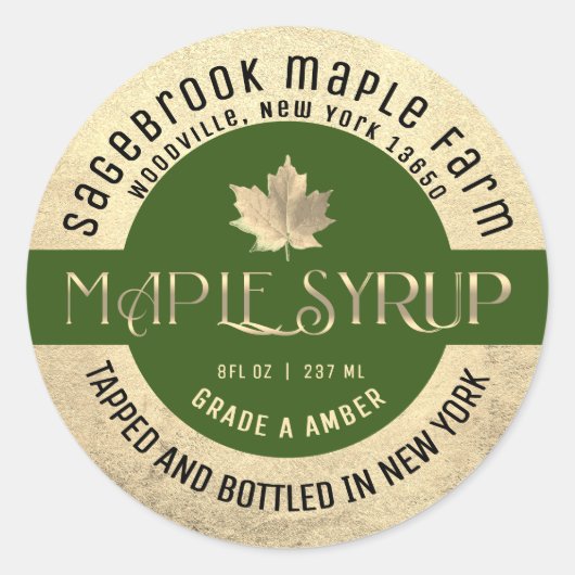 MAPLE SYRUP NOM D'ÉTAT ÉTIQUETTE OR & VERT (Devant)