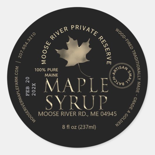 MAPLE SYRUP Private Reserve Gold Leaf Harvest Date Ronde Sticker (Voorkant)