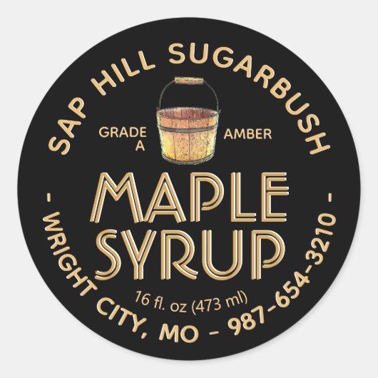 Maple Syrup Sap Bucket Amber Text op zwart label (Voorkant)
