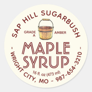 Maple Syrup Sap Bucket Red Text op artikellabel Ronde Sticker