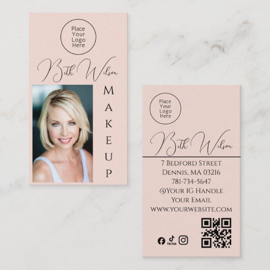 Maquillage Rose, Code QR, Photo de Carte de Visite (Devant / Derrière)