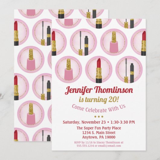 Maquillage rose Cosmétique Anniversaire Invitation (Devant / Derrière)