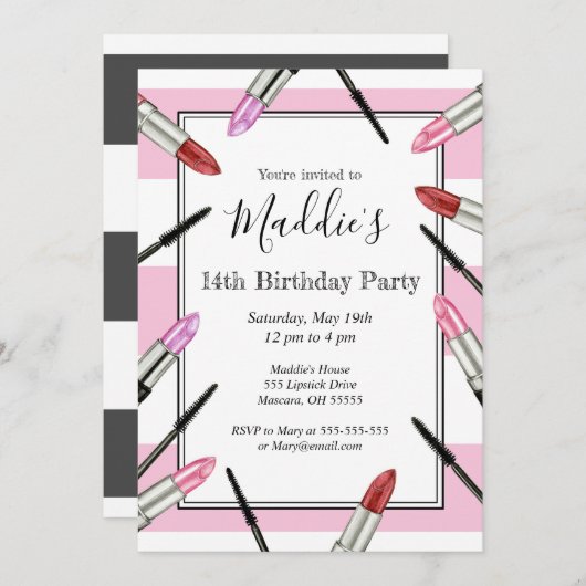 Maquillage rose rayé Invitation à la fête à thème (Devant / Derrière)