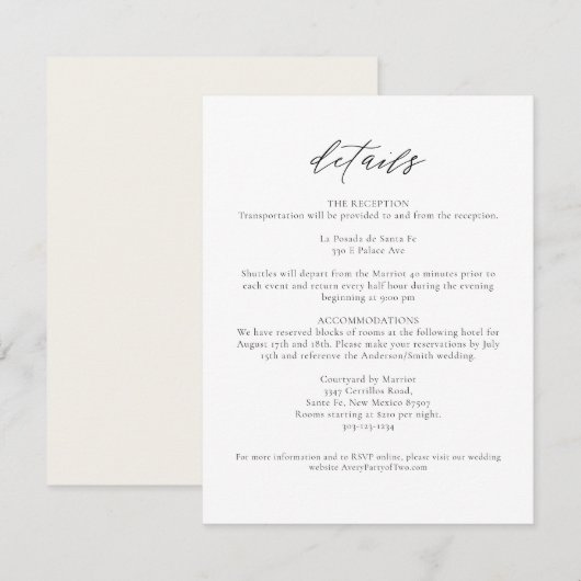 MARAH Elegant Modern Minimal Wedding Details Kaart (Voorkant / Achterkant)
