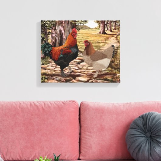 Marans Hen en Rooster in een bosrijke omgeving Canvas Afdruk (Insitu (Woonkamer))
