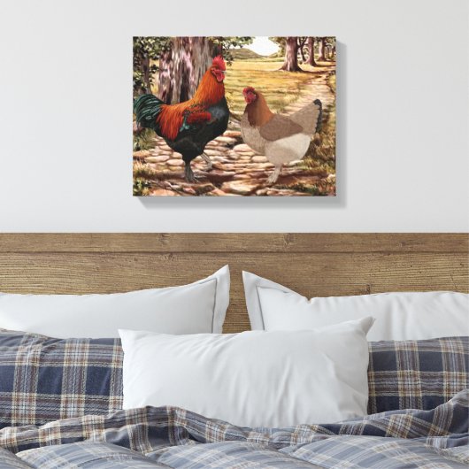 Marans Hen en Rooster in een bosrijke omgeving Canvas Afdruk (Insitu (Slaapkamer))
