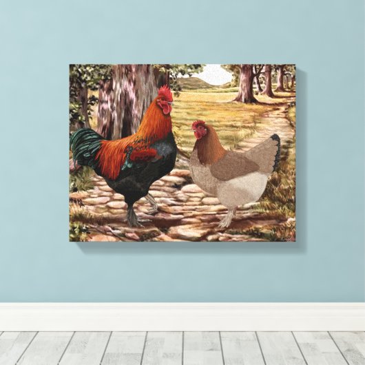 Marans Hen en Rooster in een bosrijke omgeving Canvas Afdruk (Insitu (Houten vloer))