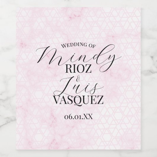 Marble Abstract Pink Wedding Script Black  Wijn Etiket (Enkel label)