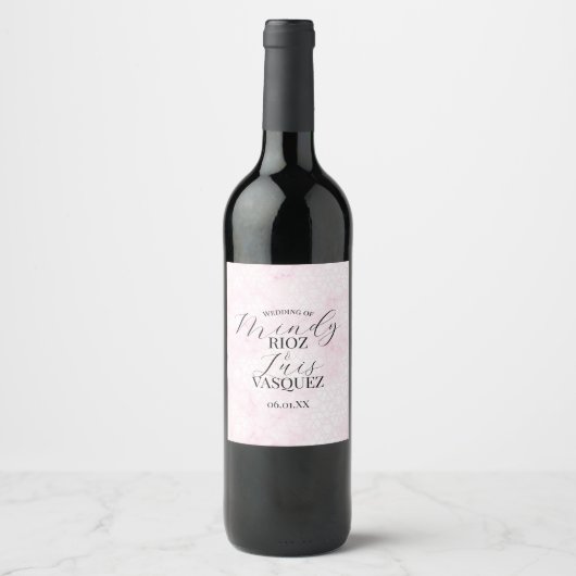 Marble Abstract Pink Wedding Script Black  Wijn Etiket (Voorkant)