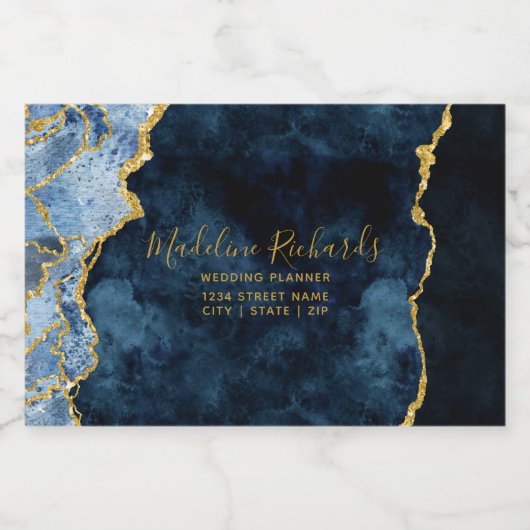 Marble Agate Gilded Navy Blue & Gold Waterverf Sparkling Wijnetiket (Enkel label)