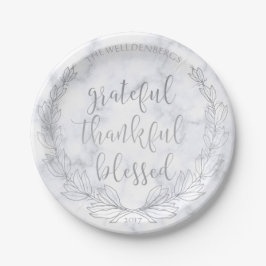 Marble en Silver Wreath Grateful Thankful Blessed Papieren Bordje